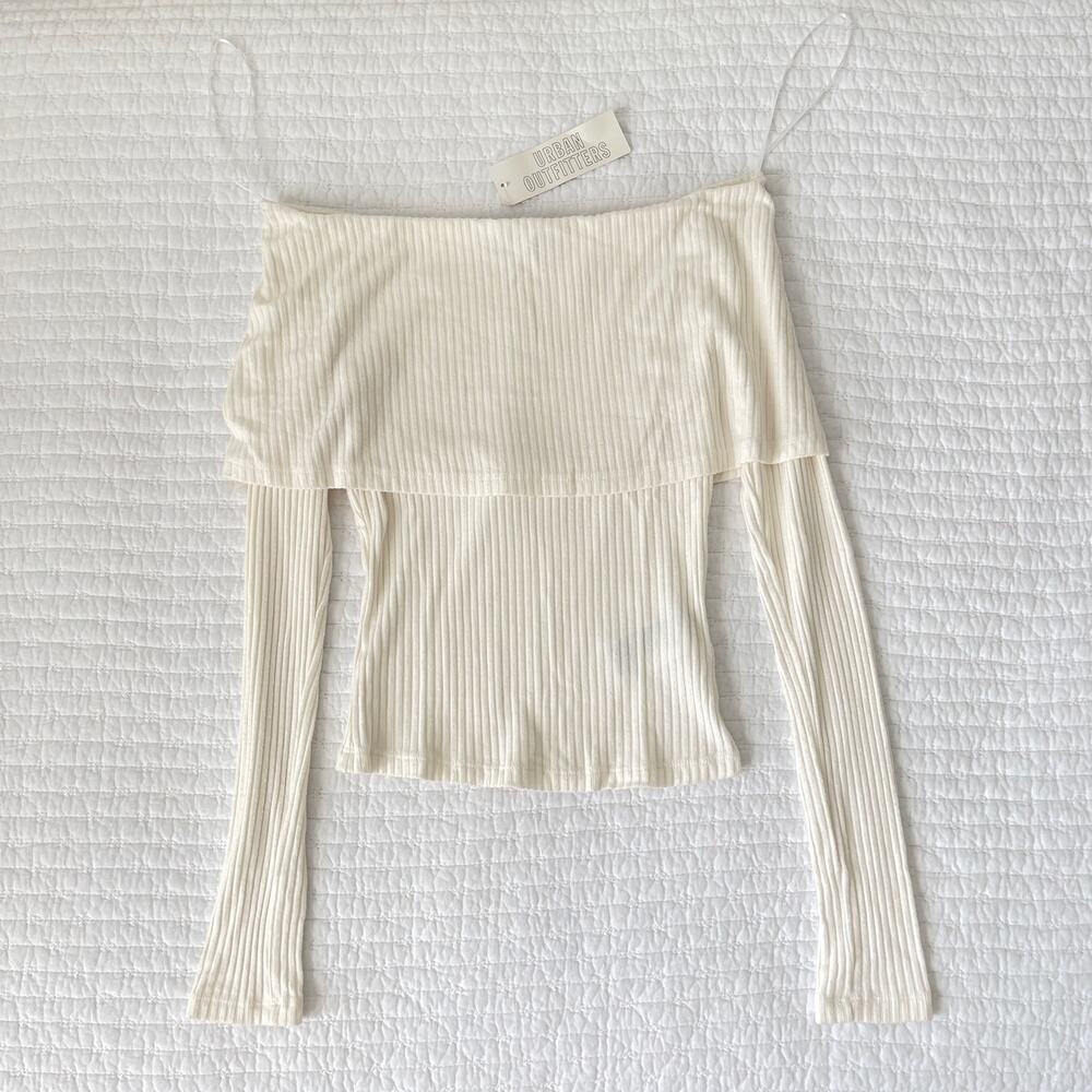 Urban Outfitters Hailey Foldover Off-The-Shoulder Long Sleeve Top Ivory S